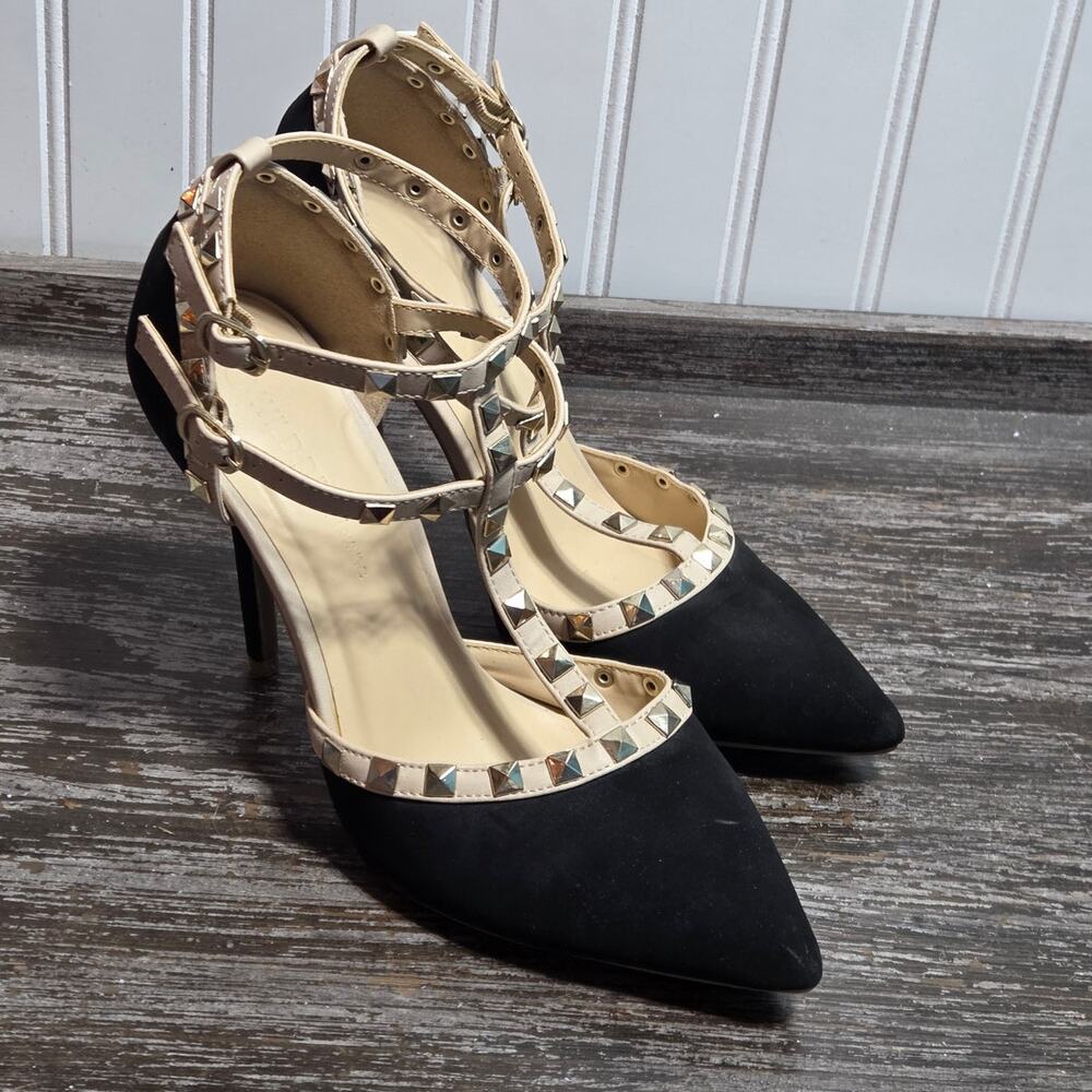 Wild Diva Women's Black Tan Suede Studded Pointed Toe Stiletto Heels Size 8.5